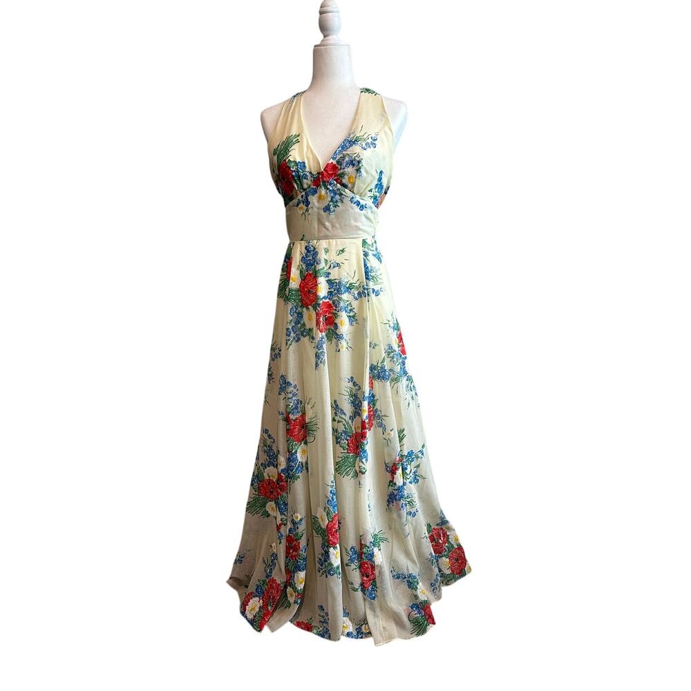 Vintage 70s Arjon California Prairie Boho Halter Maxi Dress Pastel Yellow 13
